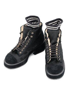 Chanel Short Boots CC Logo Calf Hair Suede c Shoes Black 35